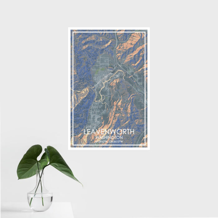 16x24 Leavenworth Washington Map Print Portrait Orientation in Afternoon Style With Tropical Plant Leaves in Water