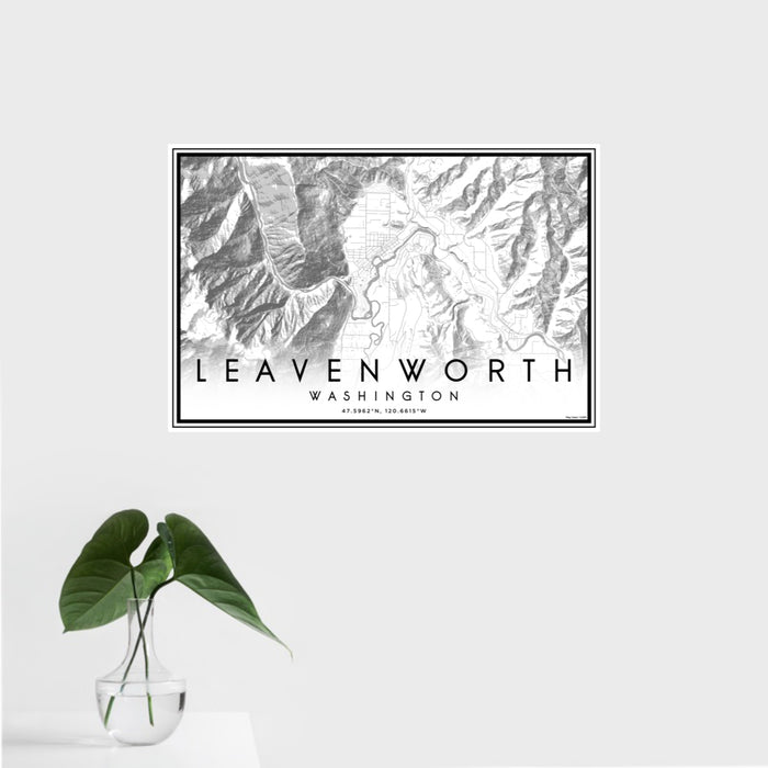 16x24 Leavenworth Washington Map Print Landscape Orientation in Classic Style With Tropical Plant Leaves in Water
