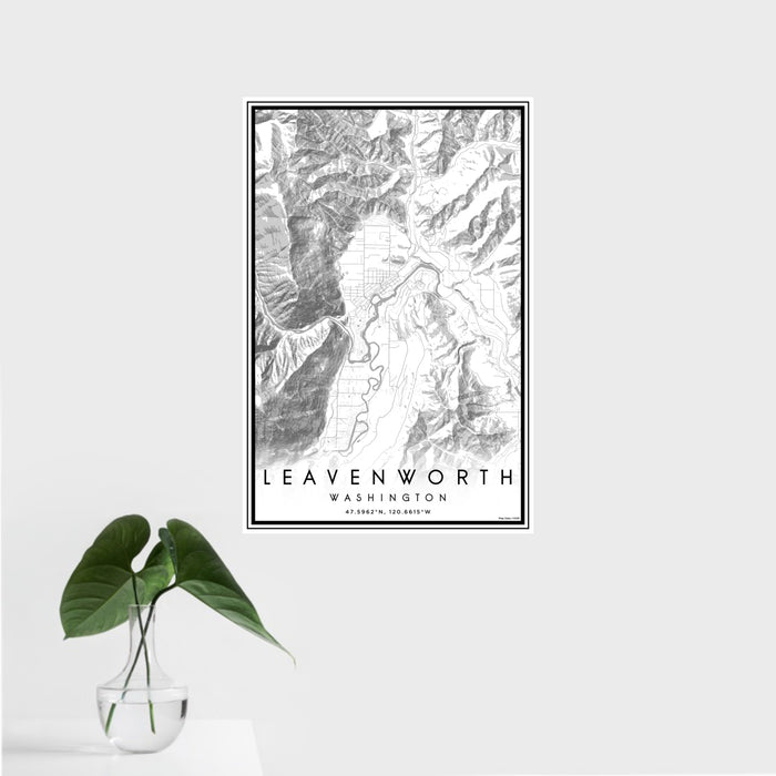 16x24 Leavenworth Washington Map Print Portrait Orientation in Classic Style With Tropical Plant Leaves in Water