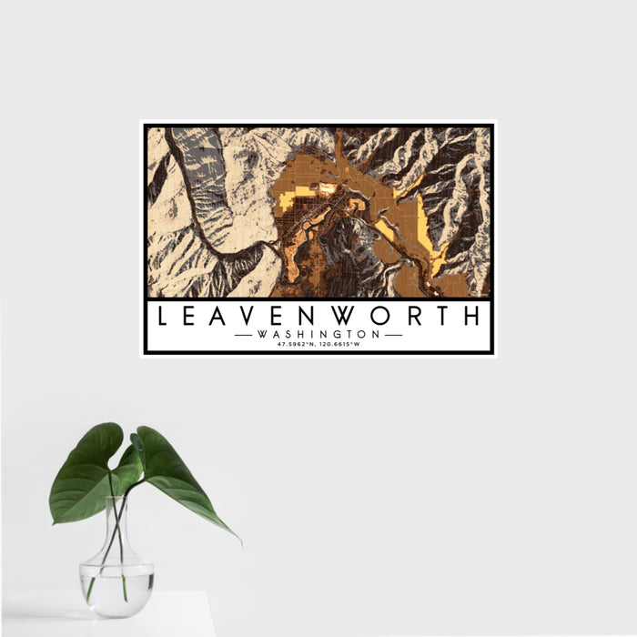 16x24 Leavenworth Washington Map Print Landscape Orientation in Ember Style With Tropical Plant Leaves in Water