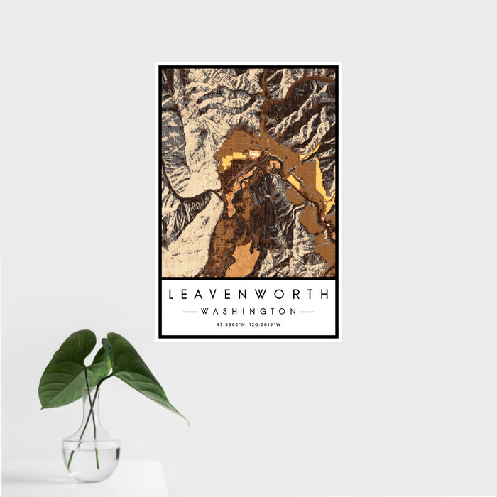 16x24 Leavenworth Washington Map Print Portrait Orientation in Ember Style With Tropical Plant Leaves in Water