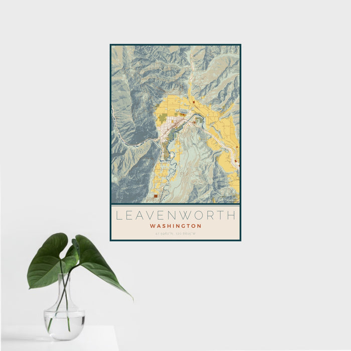 16x24 Leavenworth Washington Map Print Portrait Orientation in Woodblock Style With Tropical Plant Leaves in Water