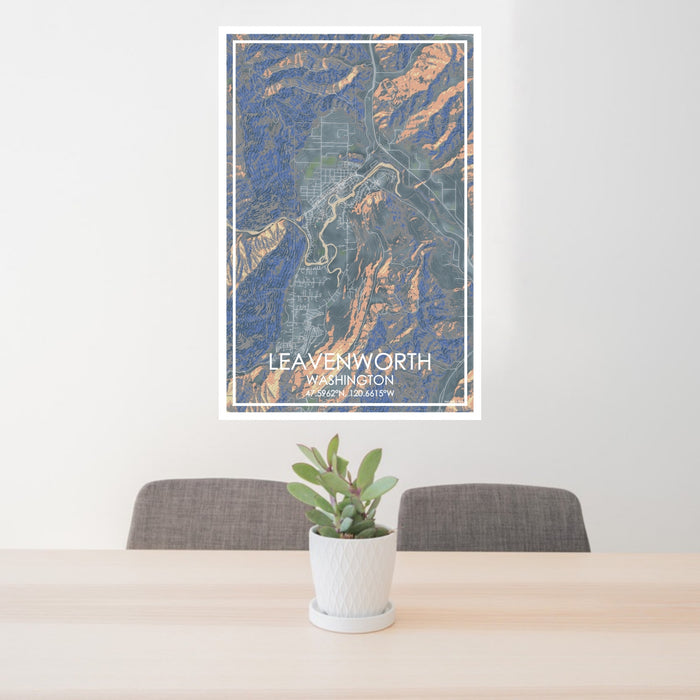 24x36 Leavenworth Washington Map Print Portrait Orientation in Afternoon Style Behind 2 Chairs Table and Potted Plant