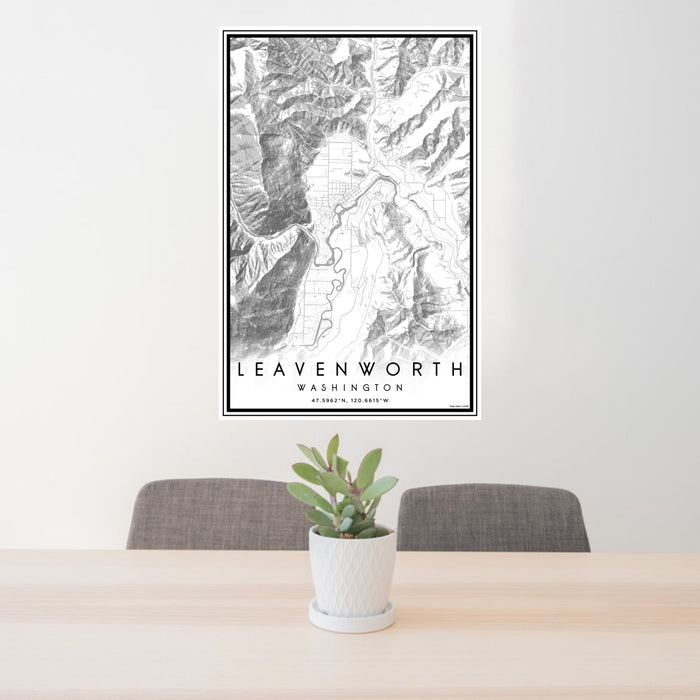 24x36 Leavenworth Washington Map Print Portrait Orientation in Classic Style Behind 2 Chairs Table and Potted Plant