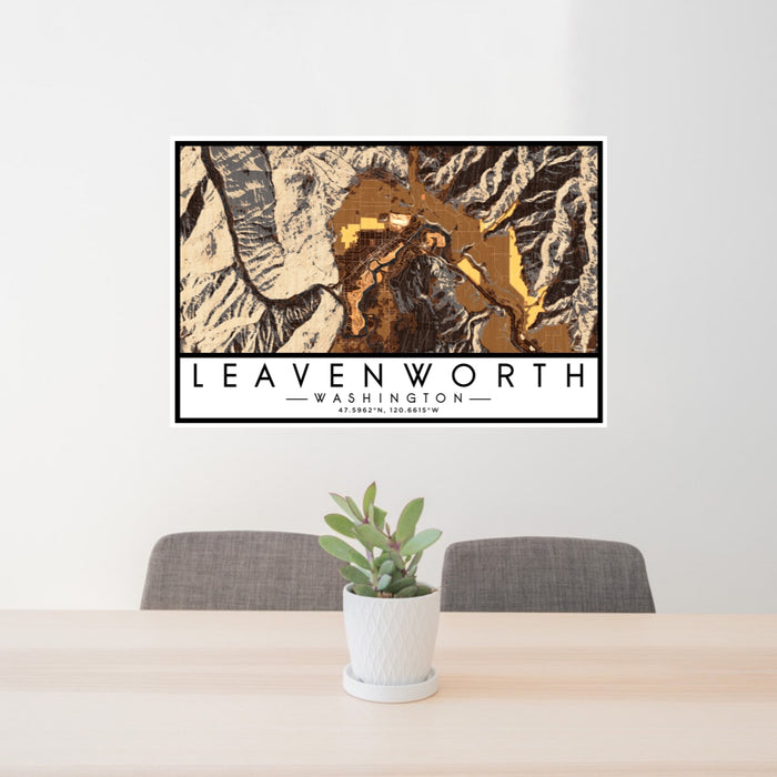 24x36 Leavenworth Washington Map Print Lanscape Orientation in Ember Style Behind 2 Chairs Table and Potted Plant