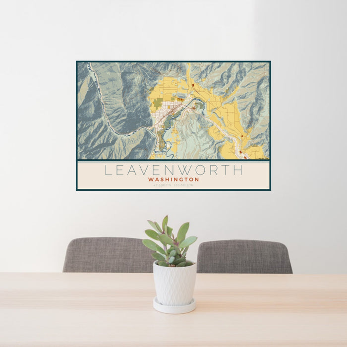 24x36 Leavenworth Washington Map Print Lanscape Orientation in Woodblock Style Behind 2 Chairs Table and Potted Plant
