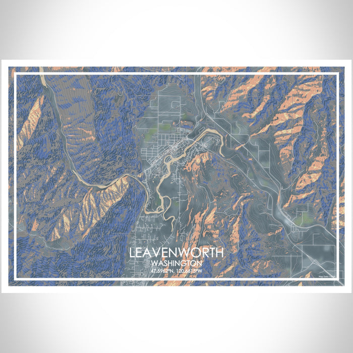 Leavenworth Washington Map Print Landscape Orientation in Afternoon Style With Shaded Background