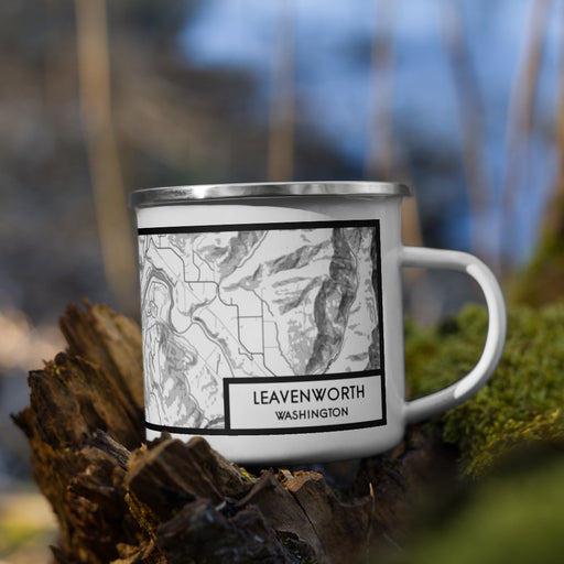 Right View Custom Leavenworth Washington Map Enamel Mug in Classic on Grass With Trees in Background