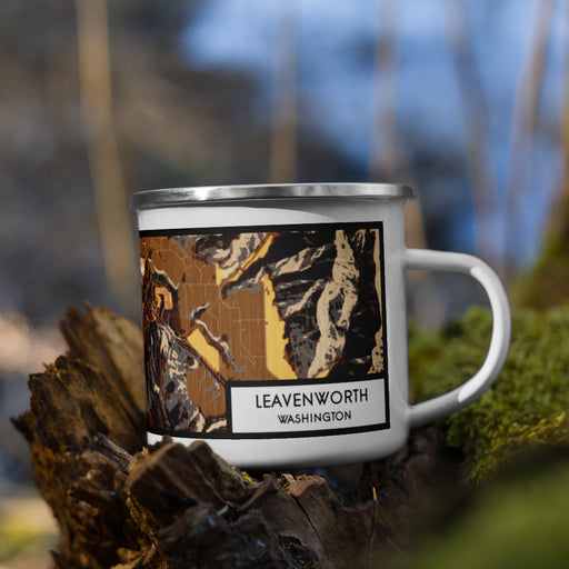 Right View Custom Leavenworth Washington Map Enamel Mug in Ember on Grass With Trees in Background