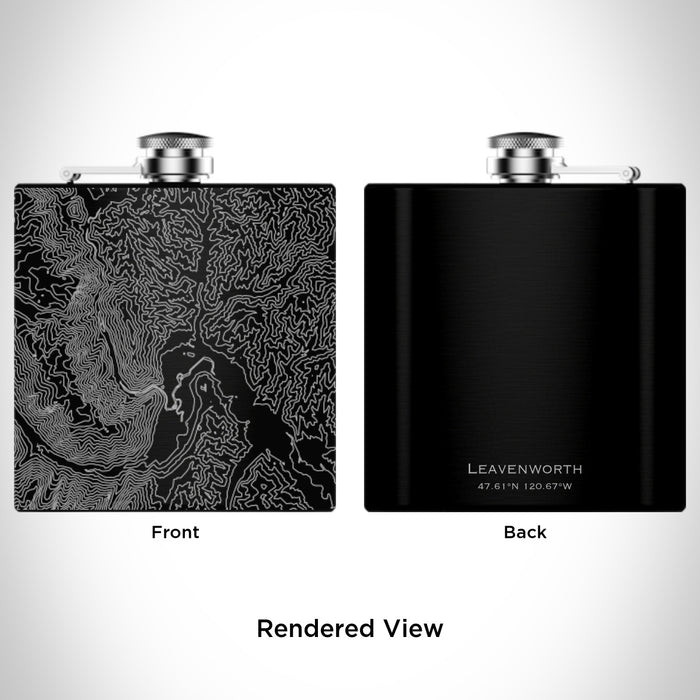 Rendered View of Leavenworth Washington Map Engraving on 6oz Stainless Steel Flask in Black