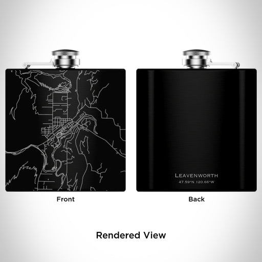 Rendered View of Leavenworth Washington Map Engraving on 6oz Stainless Steel Flask in Black
