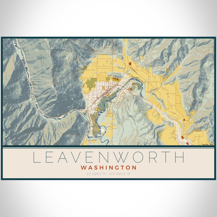 Leavenworth Washington Map Print Landscape Orientation in Woodblock Style With Shaded Background