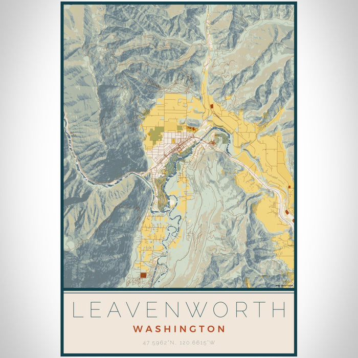 Leavenworth Washington Map Print Portrait Orientation in Woodblock Style With Shaded Background