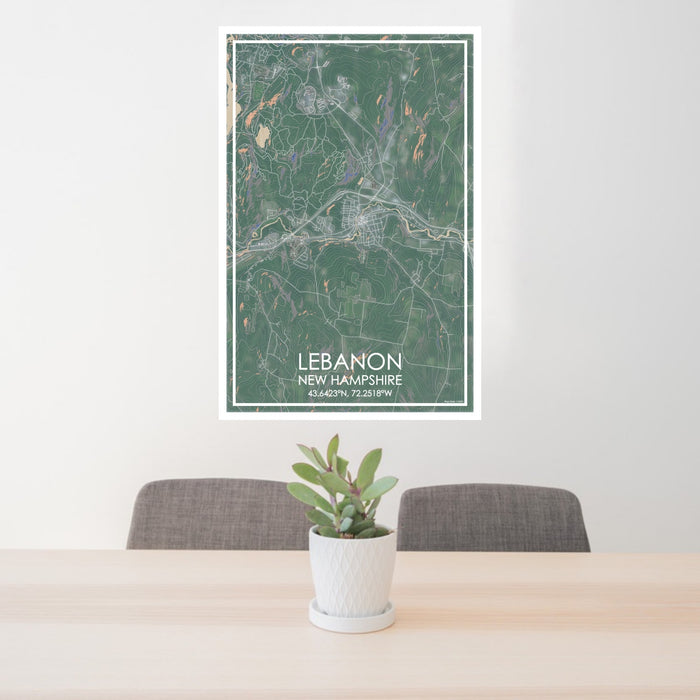 24x36 Lebanon New Hampshire Map Print Portrait Orientation in Afternoon Style Behind 2 Chairs Table and Potted Plant