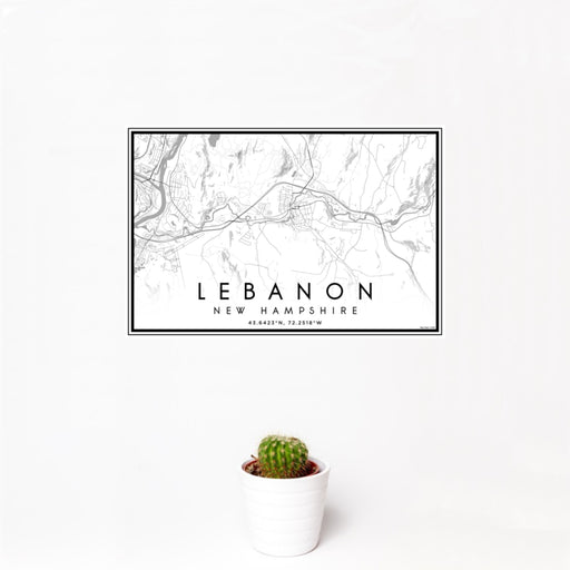 12x18 Lebanon New Hampshire Map Print Landscape Orientation in Classic Style With Small Cactus Plant in White Planter