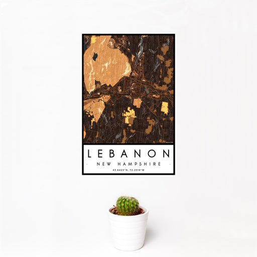 12x18 Lebanon New Hampshire Map Print Portrait Orientation in Ember Style With Small Cactus Plant in White Planter