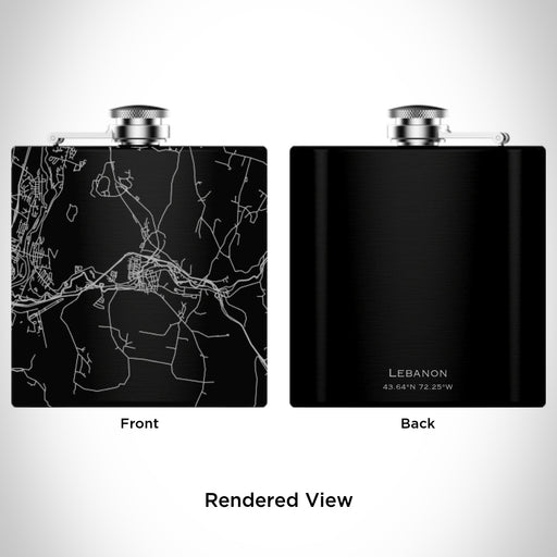 Rendered View of Lebanon New Hampshire Map Engraving on 6oz Stainless Steel Flask in Black