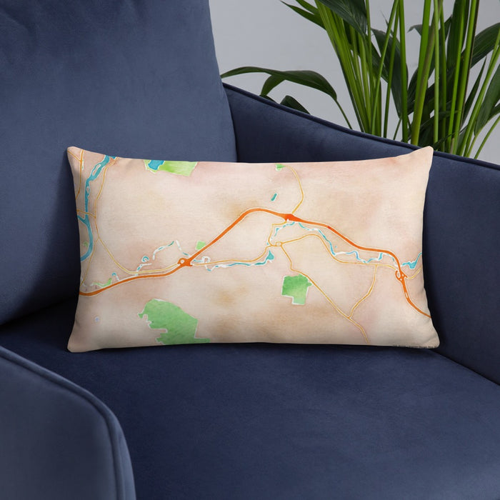 Custom Lebanon New Hampshire Map Throw Pillow in Watercolor on Blue Colored Chair