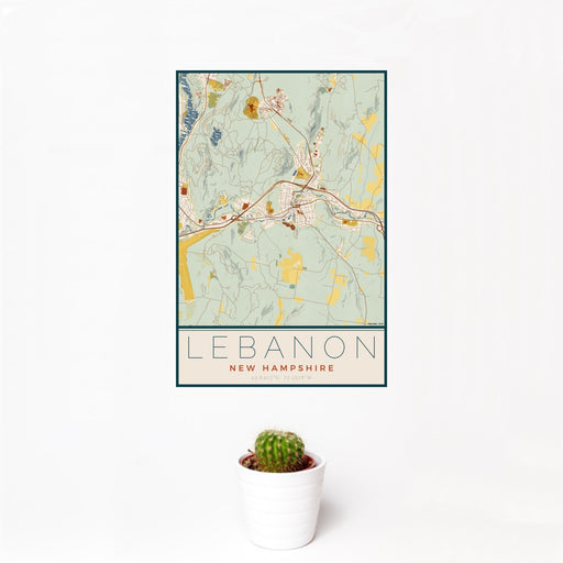 12x18 Lebanon New Hampshire Map Print Portrait Orientation in Woodblock Style With Small Cactus Plant in White Planter