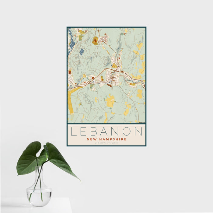 16x24 Lebanon New Hampshire Map Print Portrait Orientation in Woodblock Style With Tropical Plant Leaves in Water