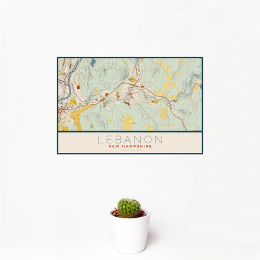 12x18 Lebanon New Hampshire Map Print Landscape Orientation in Woodblock Style With Small Cactus Plant in White Planter
