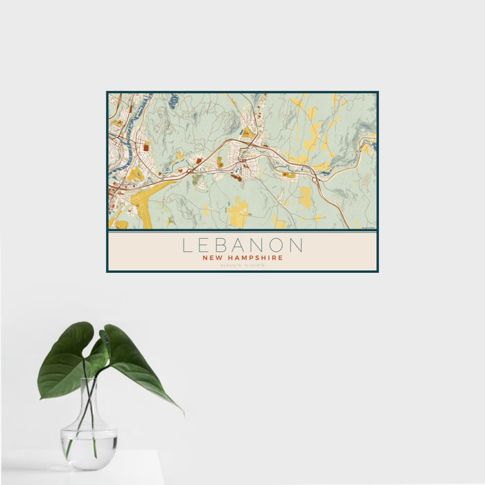 16x24 Lebanon New Hampshire Map Print Landscape Orientation in Woodblock Style With Tropical Plant Leaves in Water