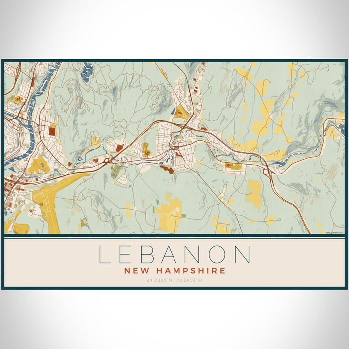 Lebanon New Hampshire Map Print Landscape Orientation in Woodblock Style With Shaded Background