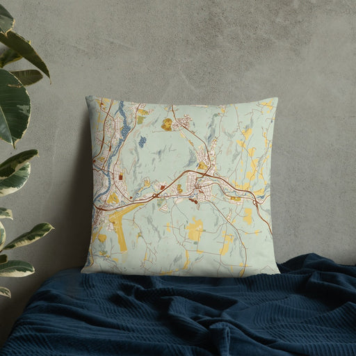 Custom Lebanon New Hampshire Map Throw Pillow in Woodblock on Bedding Against Wall
