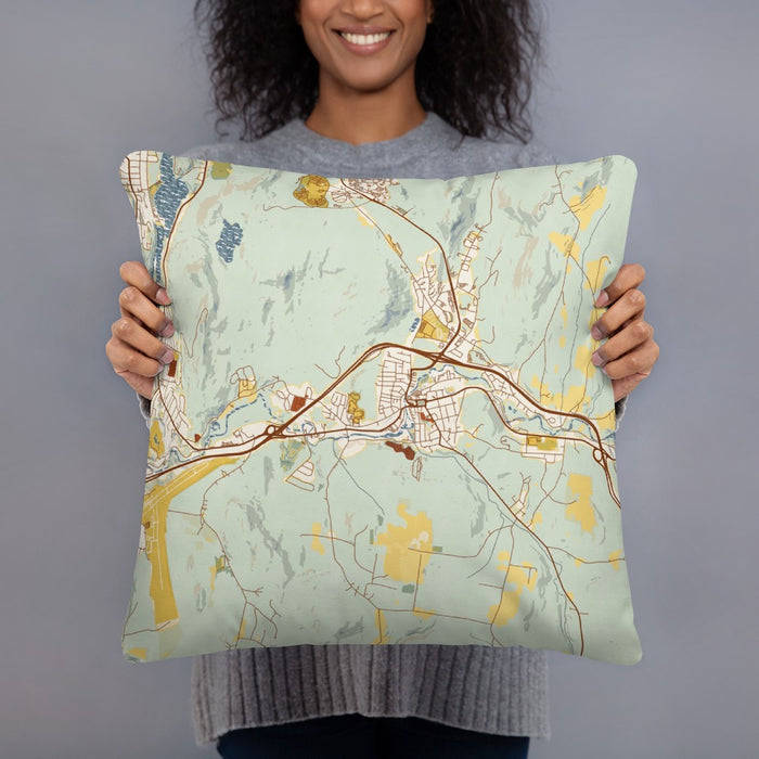 Person holding 18x18 Custom Lebanon New Hampshire Map Throw Pillow in Woodblock