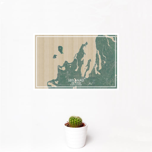 12x18 Leelanau Michigan Map Print Landscape Orientation in Afternoon Style With Small Cactus Plant in White Planter