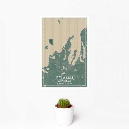 12x18 Leelanau Michigan Map Print Portrait Orientation in Afternoon Style With Small Cactus Plant in White Planter