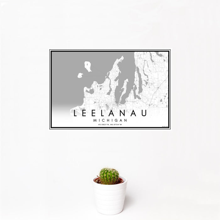 12x18 Leelanau Michigan Map Print Landscape Orientation in Classic Style With Small Cactus Plant in White Planter