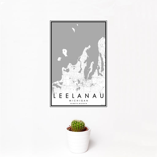 12x18 Leelanau Michigan Map Print Portrait Orientation in Classic Style With Small Cactus Plant in White Planter