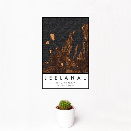 12x18 Leelanau Michigan Map Print Portrait Orientation in Ember Style With Small Cactus Plant in White Planter