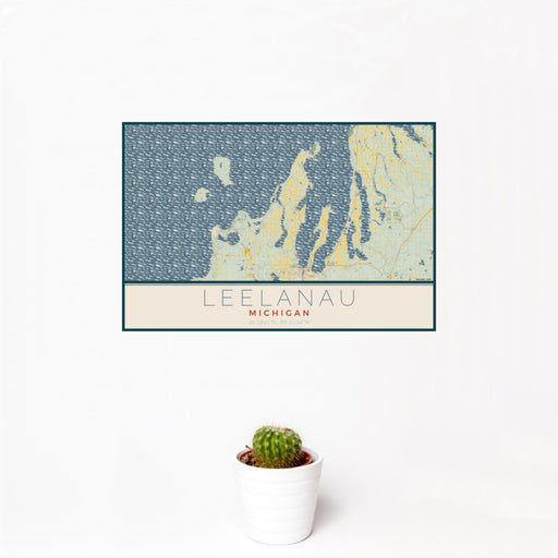 12x18 Leelanau Michigan Map Print Landscape Orientation in Woodblock Style With Small Cactus Plant in White Planter