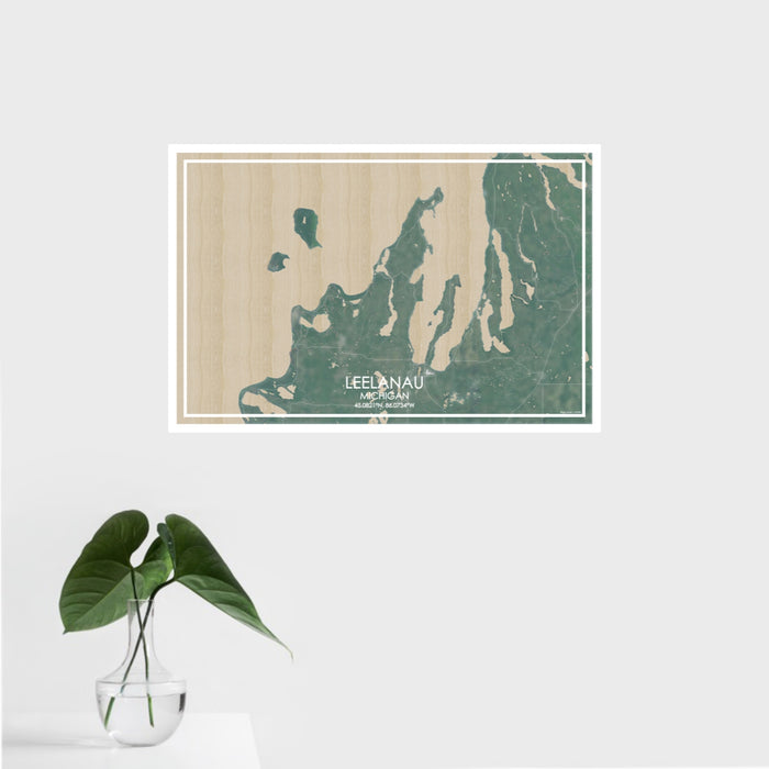 16x24 Leelanau Michigan Map Print Landscape Orientation in Afternoon Style With Tropical Plant Leaves in Water
