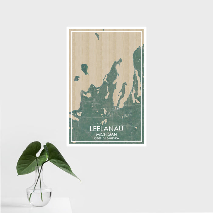 16x24 Leelanau Michigan Map Print Portrait Orientation in Afternoon Style With Tropical Plant Leaves in Water