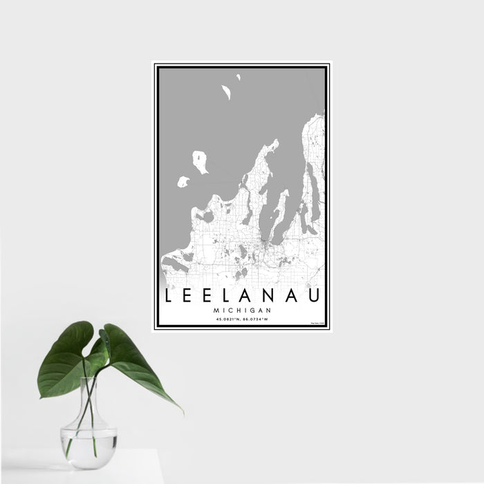 16x24 Leelanau Michigan Map Print Portrait Orientation in Classic Style With Tropical Plant Leaves in Water