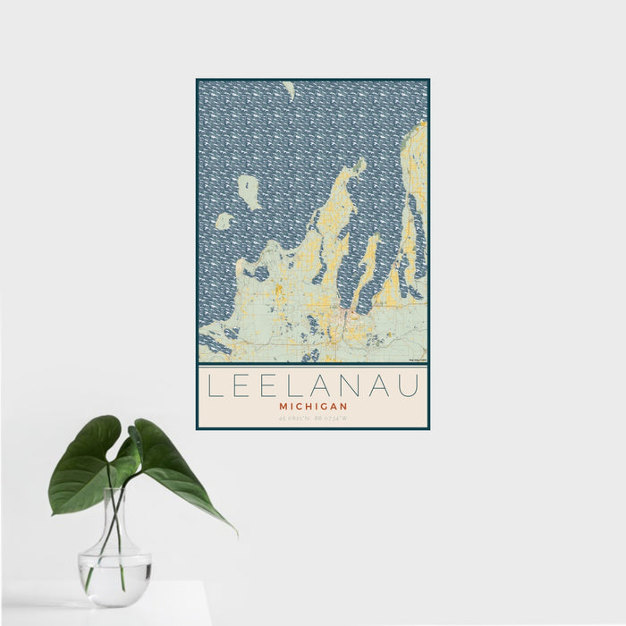 16x24 Leelanau Michigan Map Print Portrait Orientation in Woodblock Style With Tropical Plant Leaves in Water