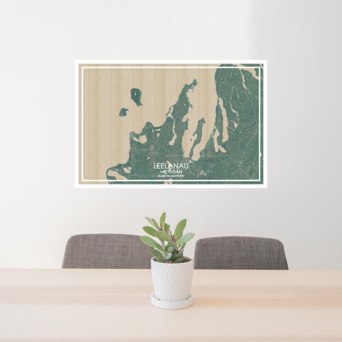 24x36 Leelanau Michigan Map Print Lanscape Orientation in Afternoon Style Behind 2 Chairs Table and Potted Plant