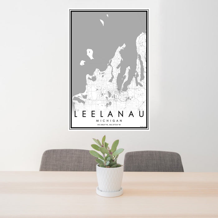 24x36 Leelanau Michigan Map Print Portrait Orientation in Classic Style Behind 2 Chairs Table and Potted Plant