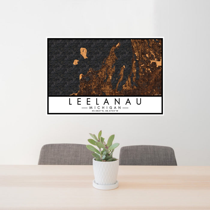 24x36 Leelanau Michigan Map Print Lanscape Orientation in Ember Style Behind 2 Chairs Table and Potted Plant