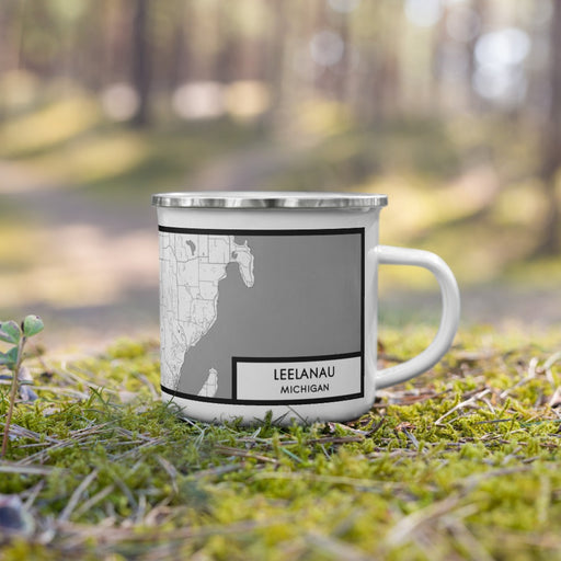 Right View Custom Leelanau Michigan Map Enamel Mug in Classic on Grass With Trees in Background
