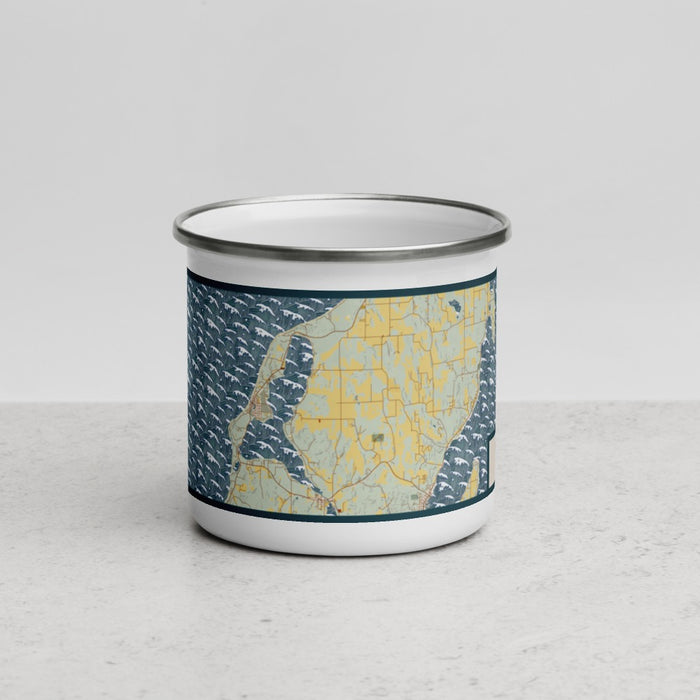 Front View Custom Leelanau Michigan Map Enamel Mug in Woodblock