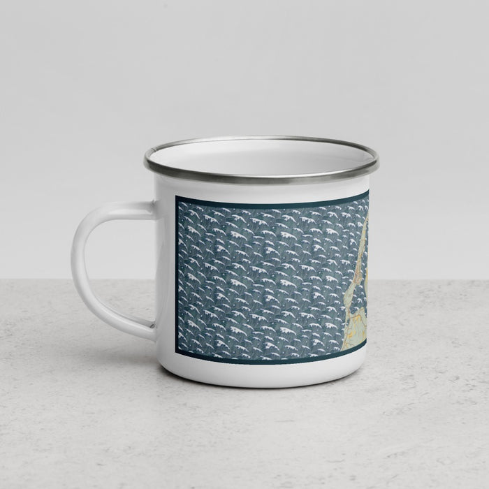 Left View Custom Leelanau Michigan Map Enamel Mug in Woodblock