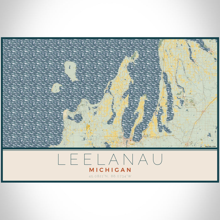Leelanau Michigan Map Print Landscape Orientation in Woodblock Style With Shaded Background