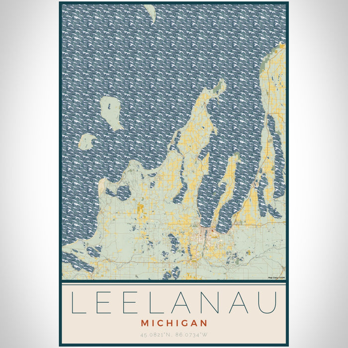 Leelanau Michigan Map Print Portrait Orientation in Woodblock Style With Shaded Background