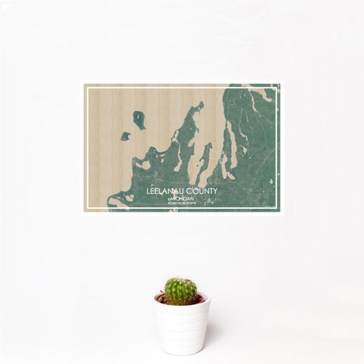 12x18 Leelanau County Michigan Map Print Landscape Orientation in Afternoon Style With Small Cactus Plant in White Planter