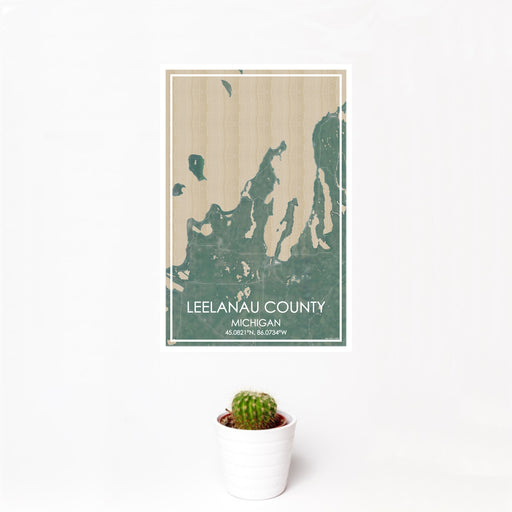 12x18 Leelanau County Michigan Map Print Portrait Orientation in Afternoon Style With Small Cactus Plant in White Planter