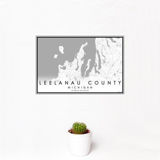 12x18 Leelanau County Michigan Map Print Landscape Orientation in Classic Style With Small Cactus Plant in White Planter